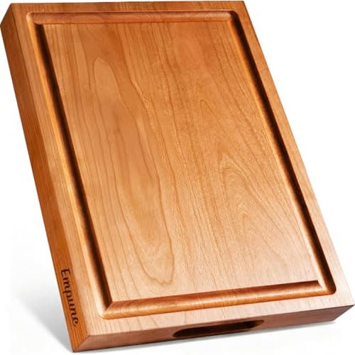 Empune Cherry Wood Cutting Boards for Kitchen Wooden Cutting Board with Handle, Chopping Board with Built-in Juice Groove & Well, Heavy-duty