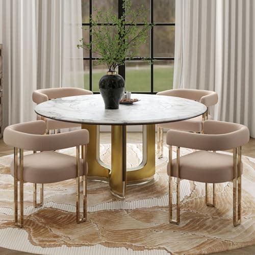 Hyfirm Velvet Dining Chairs Set of 4, Khaki Upholstered Barrel Armchairs with Gold Metal Legs for Kitchen Island, Mid Century Modern Accent Side