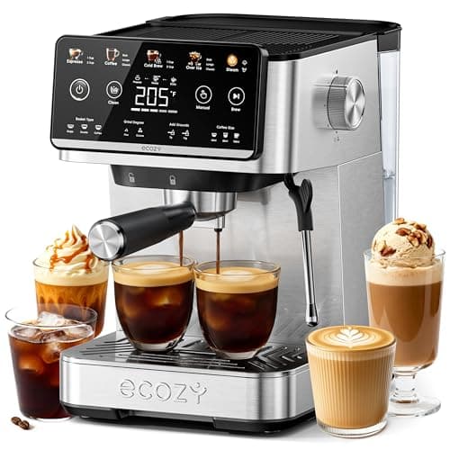 ecozy 4-in-1 Espresso Machine and Coffee Maker Combo with Milk Frother | Cold Brew & Over Ice, Interactive Touch Screen, Stainless Steel, Brezzano