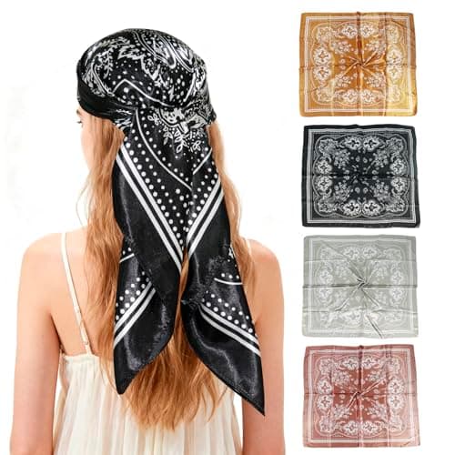 Ciormis 35" Silk Head Scarf for Women, 4 Pcs Satin Hair Scarf Square Silk Bandana Top Neck Scarves Hair Wraps for Sleeping