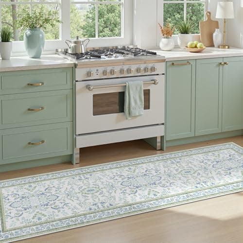 DCX Green and Blue 2x6 Runner Rug, Machine Washable | Non Slip Vintage Floral Backing Hallway Runner Rug Carpet for Nursery Soft Low Pile Stain