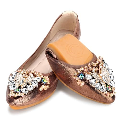 KUNWFNIX Women Ballet Flats Rhinestone Wedding Ballerina Shoes Foldable Sparkly Comfort Slip on Flat Shoes