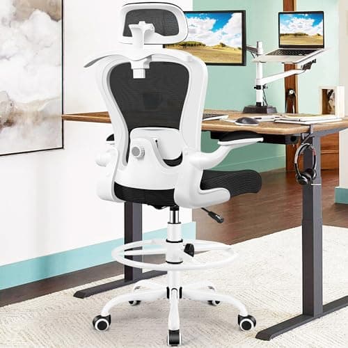 AtHope Drafting Chair, Tall Office Chair with 3D Lumbar & Head Support | Ergonomic Mesh Standing Desk Chair with Footrest Ring, Comfy Extended High
