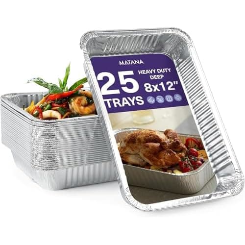 MATANA 25 Pack 8x12 Foil Aluminum Pans Disposable Trays - Ideal for Roasting, Baking, Lasagna, Cakes, Tarts, Bread, Crawfish, Chafer, Party