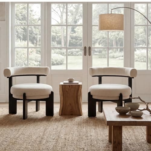 Modern Armless Accent Chairs Set of 2, Cozy Upholstered Beige Linen Living Room Side Chair with Curved Back, Black Wood Frame, Vintage Lounge Reading