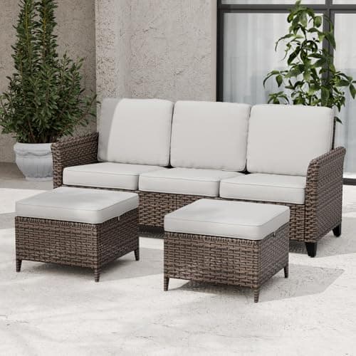 EAGLE PEAK Ocean Vista Outdoor Wicker Couch Sofa with 2 Ottomans Weather Resistant Rattan Furniture for Patio, Balcony, Poolside, Set of 3,