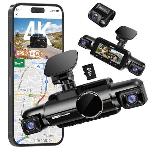 4 Channel 360° View Dash Cam Front and Rear, 3K Dash Camera for Car | 5GHz WiFi GPS, 4K+1080P*2 Dashcam, Free 64GB Card, Super Night Vision, Voice