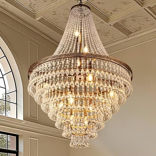 Wellmet French Empire Crystal Chandeliers, Antique Bronze Chandeliers 13 Lights, Rustic Farmhouse Chandelier High Ceiling Light Fixture for Entryway,