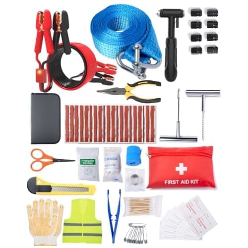 YANTU Jumper Cables for Car,110-Piece Ultimate Auto Emergency Kit,Includes Roadside Assistance,Car Safety Hammer, Tow Straps,Tire Repair,First Aid |