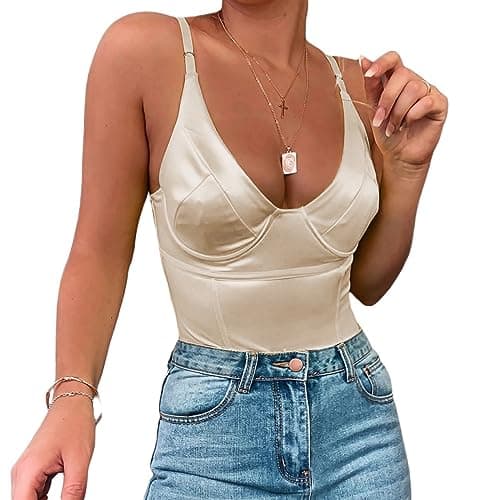 Velius Women's Sexy Metallic Shiny Bodysuit Tank Tops for Night Club Going Out