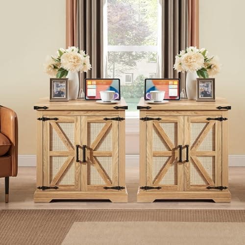 Barnyatoh 24" End Table Set of 2 with Charging Station & Rattan Barn Door | Boho Farmhouse NightStand, Rustic Wood Square Bedside Table, Adjustable