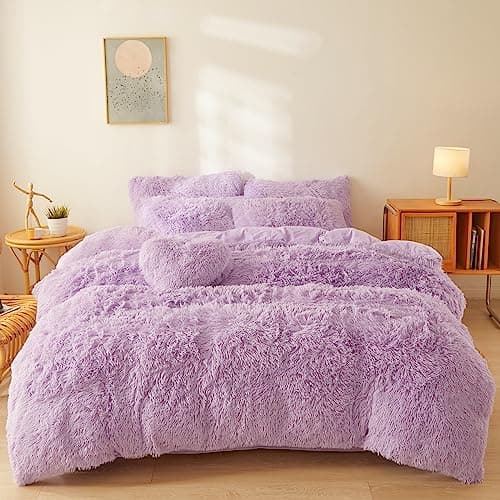 Lilac Fluffy Comforter Cover Set King- Ultra Soft Fluffy Fuzzy Bedding Sets 3 Pieces (1 Duvet Cover + 2 Pillow case) Plush Bed Set (Lilac, King)