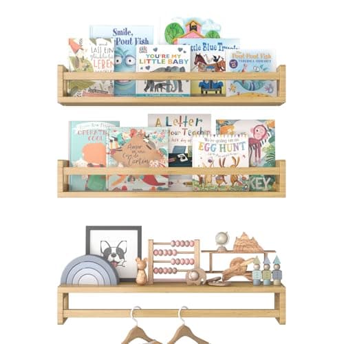 Floating Nursery Book Shelves for Wall, 23.6 Inch Nature Solid Wood Wall Mounted Bookshelf Set of 3, Hanging Bookshelves for Kids Room, Bedroom