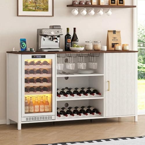 70" Large Coffee Bar Cabinet with Power Outlet, Mini Fridge Cabinet with Adjustable Shelf Wine Rack Glass Holder Liquor Wine Bar Storage, White Fluted