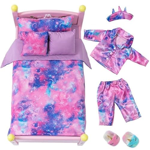 K.T. Fancy 8 PCS 18 Inch Doll Clothes and Bed Sheet Accessories | Doll Pajamas, Bed Sheet, Eye Mask, Unicorn Slippers, Pillow; Fits American 18 Inch