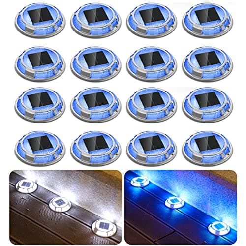 Solar Driveway Lights Dock Lights Waterproof 16 Pack, 2 Colors in 1 Outdoor LED Solar Deck Lights, Solar Powered Walk Way Lights Road Marker for