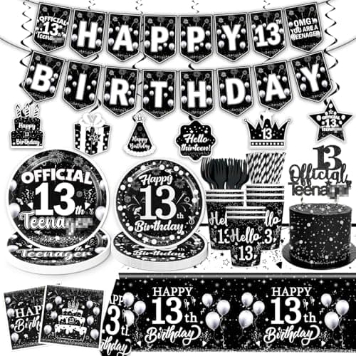 170pcs 13th Birthday Decorations for Boys Tableware Set, Black Themed 13th Birthday Plates and Napkins Banner Officially a Teenager Party Decorations