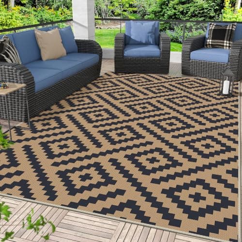 GENIMO Outdoor Rug, Waterproof Plastic Rugs for Patio, 6'x9' Black Cocoa | Outside Larger Modern Carpet Mat for Porch Decor, Deck, Balcony, Camping,
