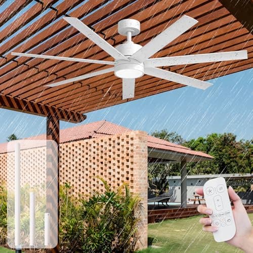 56 Inch Waterproof Outdoor Ceiling Fan with Light, 7793 High CFM, White | Wet Rated, All Weather 7 UV-Proof Blades, Quiet Energy-Saving DC Motor,