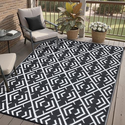 6x9 Black Boho Waterproof Outdoor Rug for Patio | Reversible Plastic Straw, Foldable, Easy Clean Outdoor Rug for Deck, Patio, Backyard, Camping, Beach