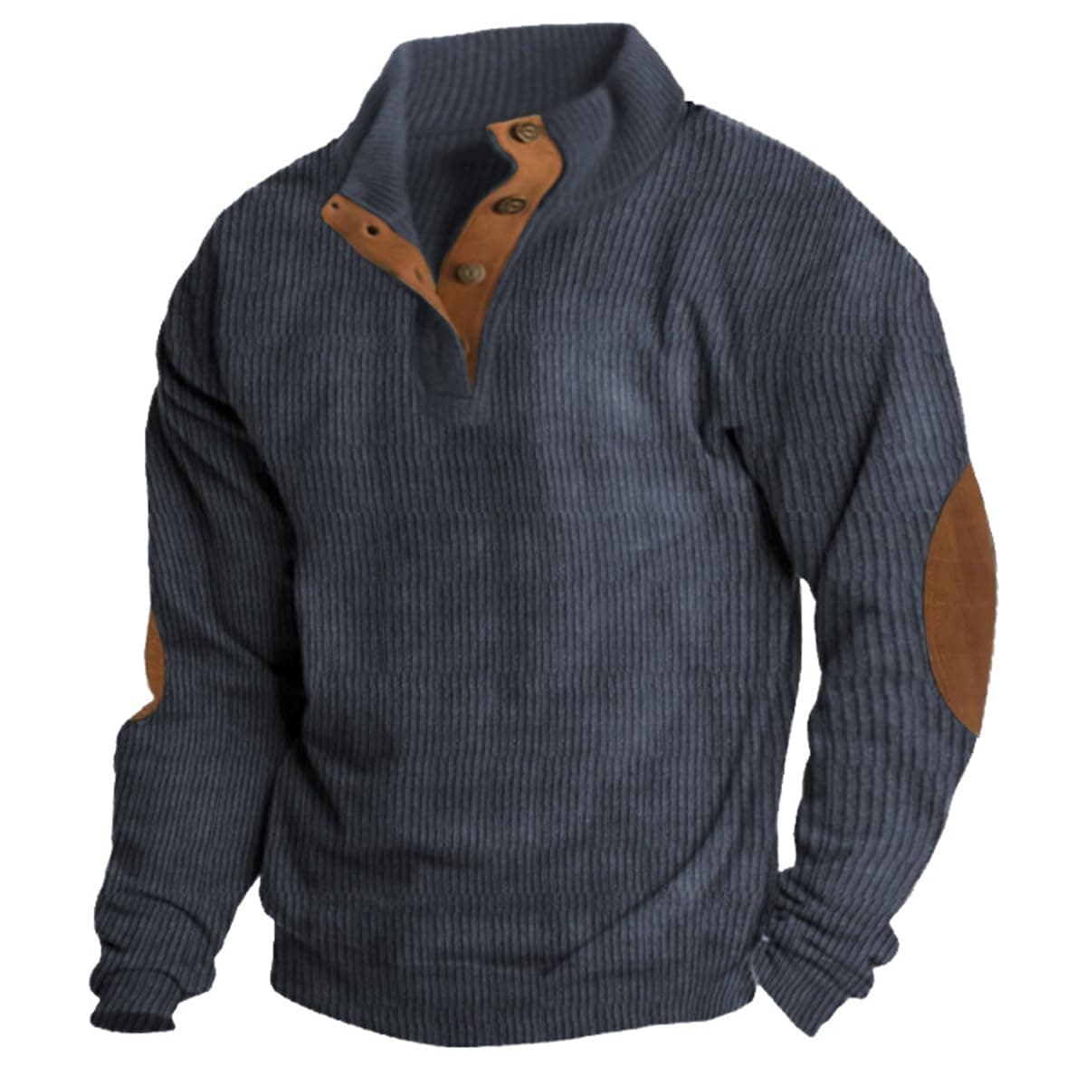 TIAFORD Men's Waffle Sweatshirt Patched Elbow Shoulder Lapel Button Down Plaid Outdoor 2024 Pullover Top Blue 1 4X-Large