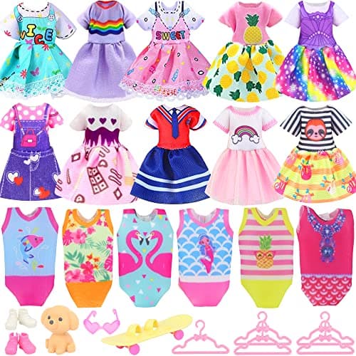 ZITA ELEMENT 16 Pcs Mini Doll Outfit Accessories for 5.3-6 Inch Dolls | Full 16 Pcs Dress-up Kit; Dresses, Swimsuits, Shoes, Hangers, Skateboard & Toy