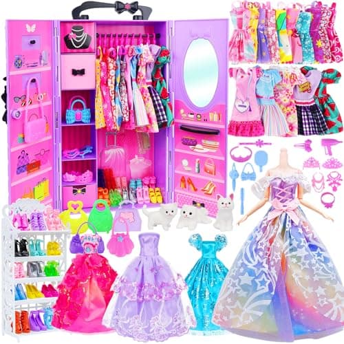 79 Pcs Doll Wardrobe Outfit Set for 11.5 Inch Dolls | 79 Pcs Complete Dress-up Wardrobe Kit; Dresses, Shoes & Matching Accessories; Fits 11.5 Inch