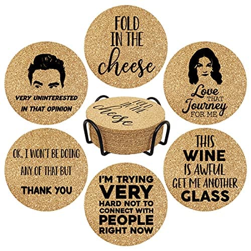 Funny Drink Coasters for SC Fans, 6 Pcs Coffee Coasters with Metal Holder, Fold in The Cheese TV Show Coasters, Cute Birthday Housewarming Gifts for