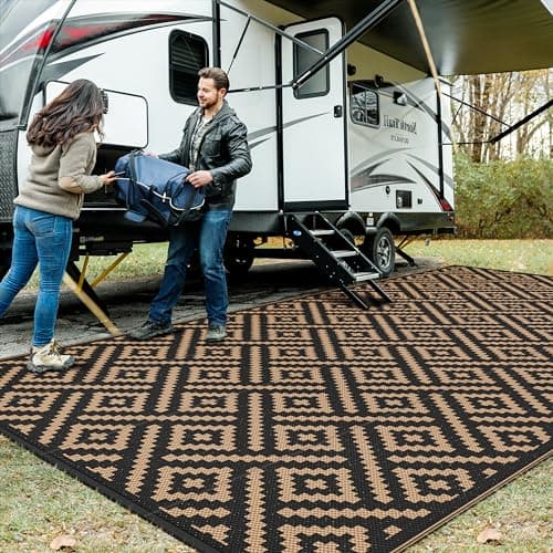 GENIMO Outdoor Rug, Waterproof Plastic Rugs 10'x20' for Camping Black Brown | Outside Larger Modern Carpet Mat for Patio Decor, RV, Porch, Camper,