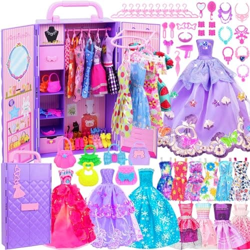 Ecore Fun 108 pcs Doll Clothes with Purple Closet for 11.5 Inch Dolls | Including Storage Closet, Party Dresses, Swimsuits, Shoes, Hangers, Bags,