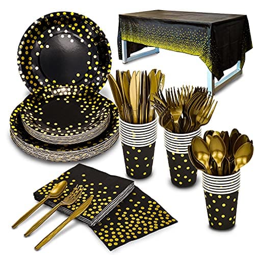 176 Pieces Gold Disposable Party Dinnerware Set &Golden Dot Disposable Party Dinnerware - Black Paper Plates Napkins Cups, Gold Plastic Forks Knives