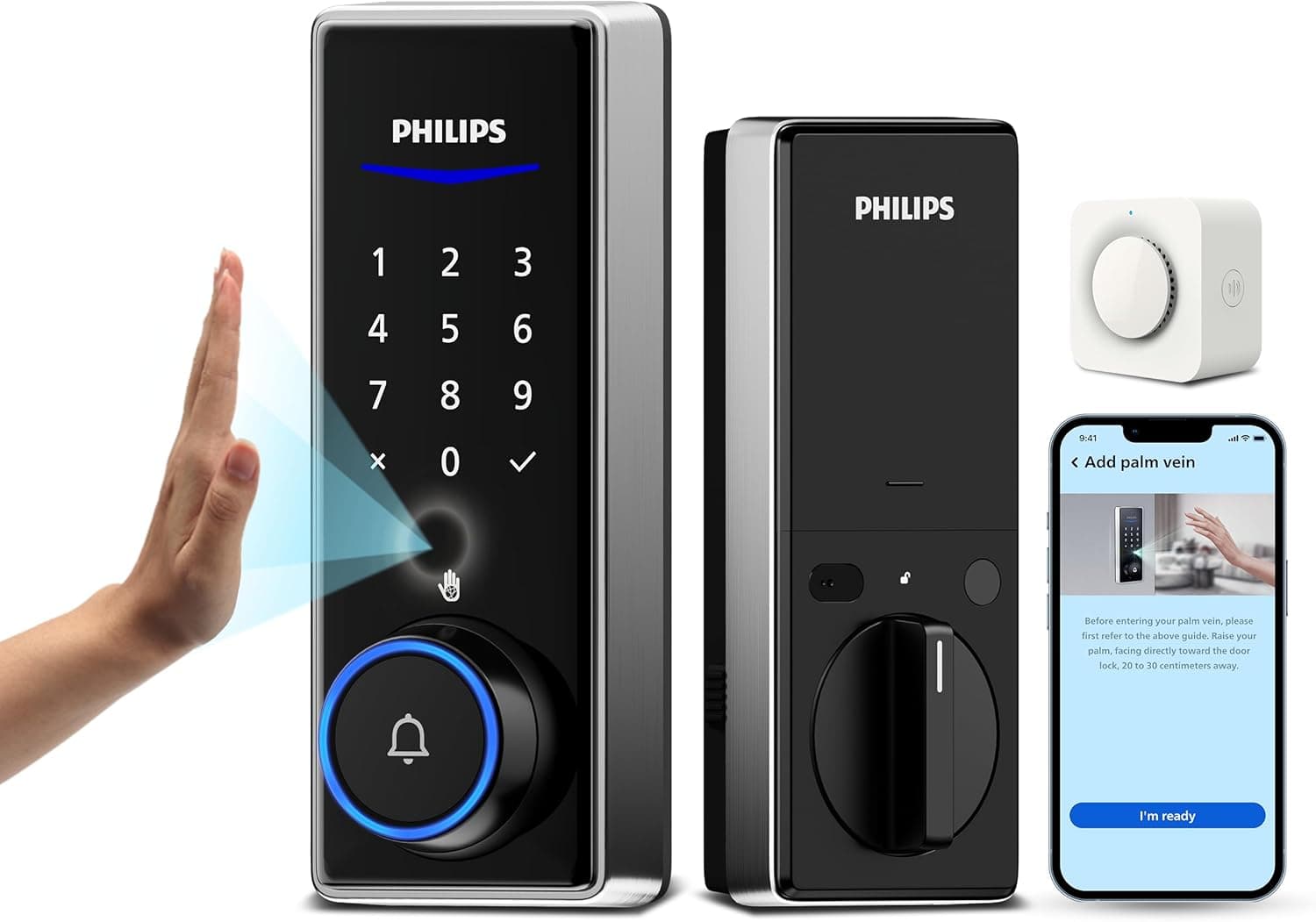 Philips Palm Vein WiFi Smart Lock, 2-in-1 Doorbell+Palm Vein Smart Locks for Front Door, APP Remote Control, Work with Alexa & Google Assistant,