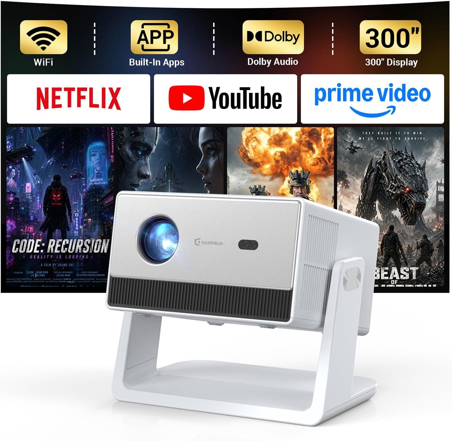 HAPPRUN 1500 ANSI 4K Decoding Outdoor Projector with Built-in Streaming App | Smart Projector with WiFi and Bluetooth, 270° Stand, Electric Focus &