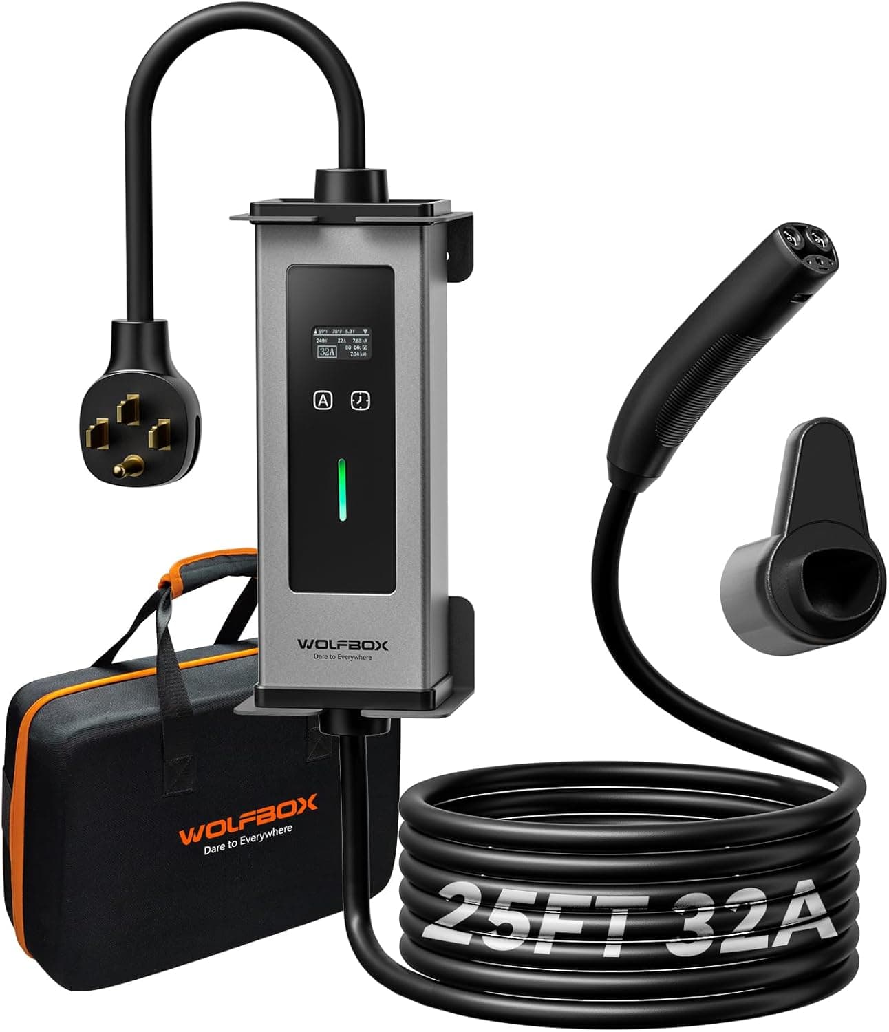 WOLFBOX 32Amp Portable Level 2 EV Charger for NACS EVSE(PE32T) | ETL Certified, NEMA 14-50 Plug Adapter,25ft Cable,Indoor/Outdoor(IP66),208-240V