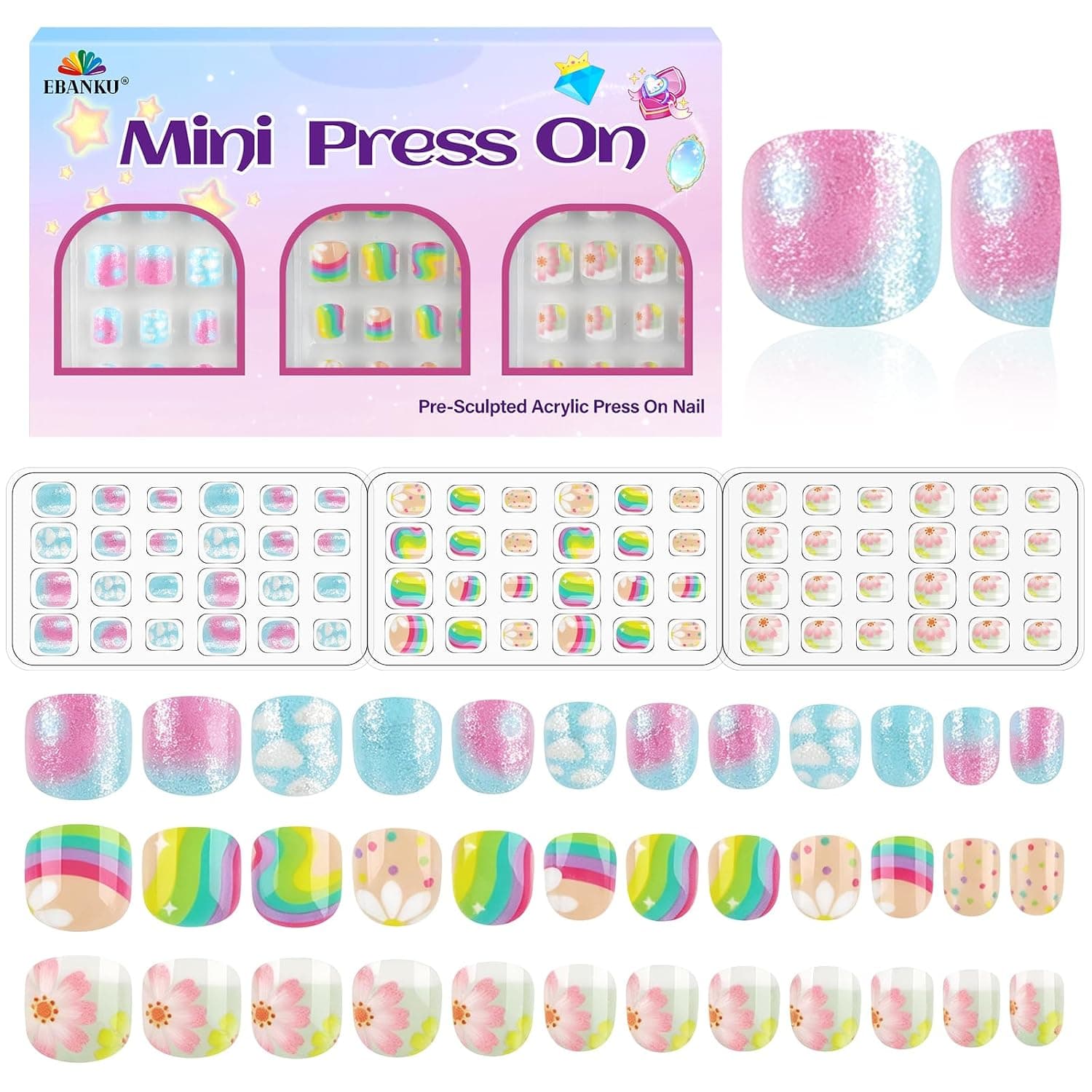 72 Pieces Press on Nails Kids, EBANKU Girls Fake Artificial Nail | False Nail Tips Pre Adhesive Pads Full Cover Press on Nails for Girls Nail DIY