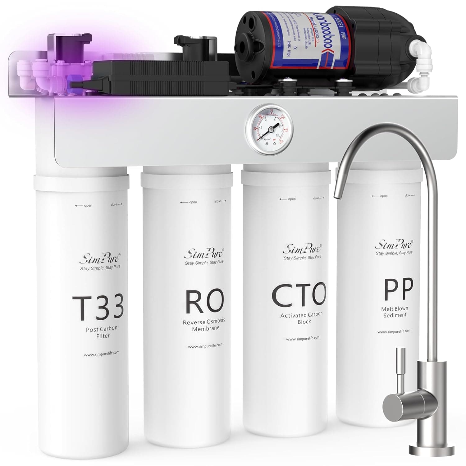 SimPure T1-400 Tankless Reverse Osmosis Water Filter System 400 GPD | NSF 58 Standard UV Under Sink RO Filtration System | 8-Stage Filtration for Near