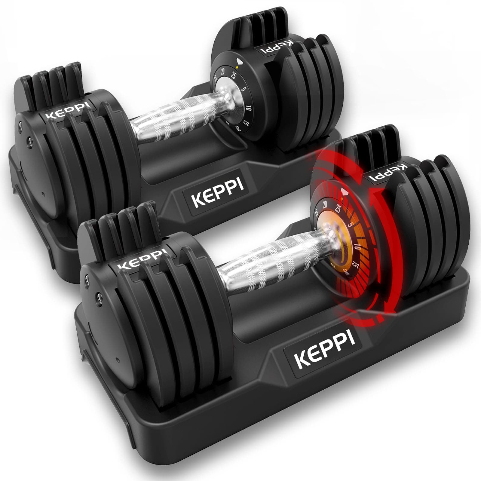 Keppi Adjustable Dumbbells Set-25lb/40lb/55lb/60lb, Anti-Slip Metal Fast Adjust Weight Handle, Exercise & Fitness for Full Body Workout - Adjustable