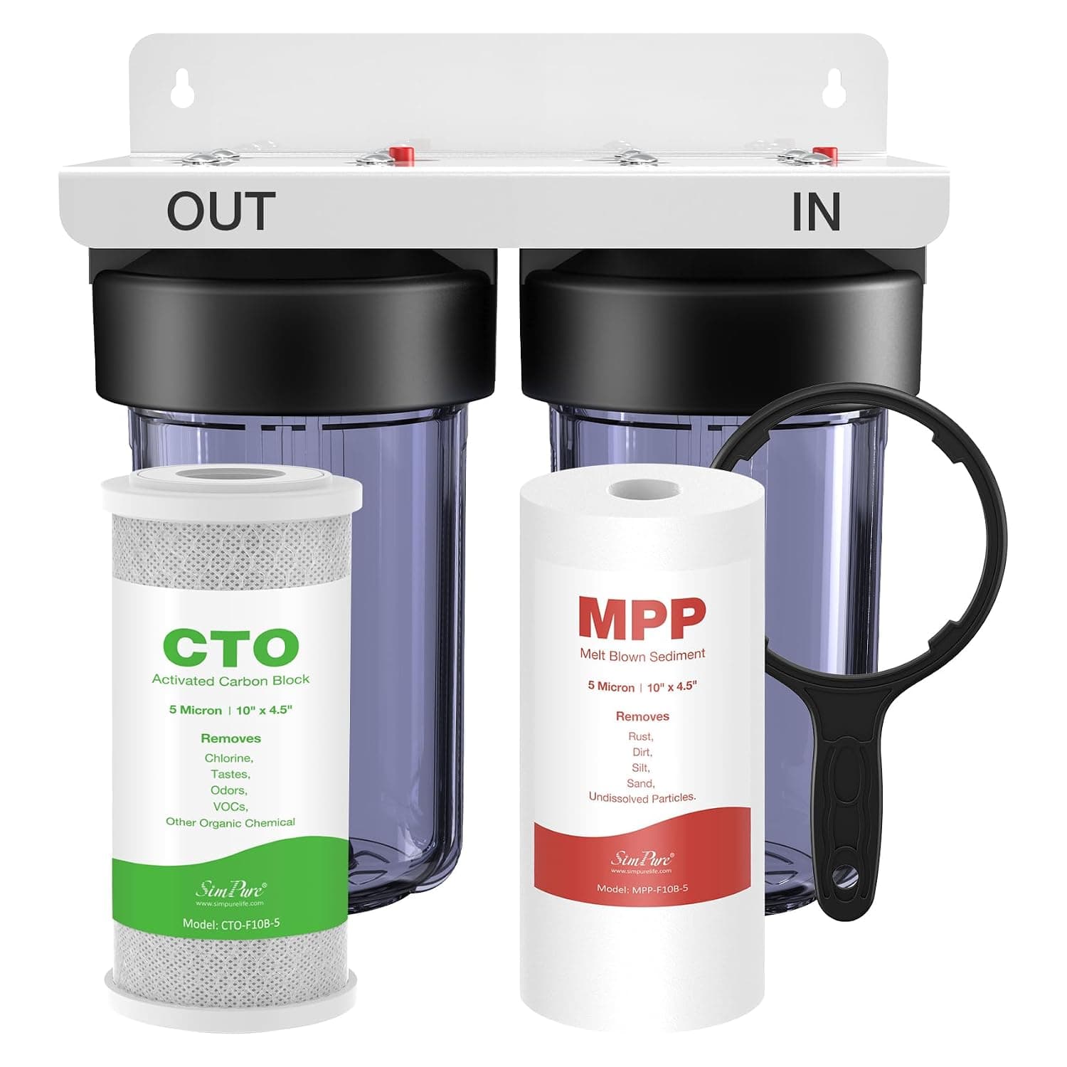 SimPure Whole House Water Filter System, 2 Stages Clear 10" x 4.5" | Reduces Chlorine, Odor, Taste, Iron | Sediment & CTO Carbon Home Water