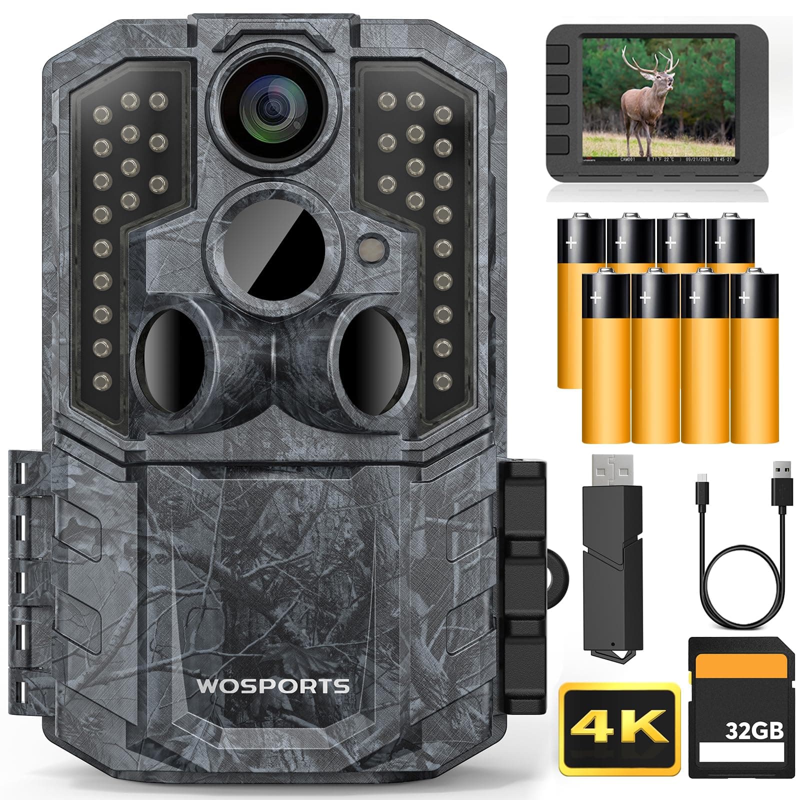 WOSPORTS AI Trail Camera 48MP 4K Game Camera | 48MP 4K Auto Animal Classification No Glow Night Vision Deer Scouting Backyard Monitoring with Sound