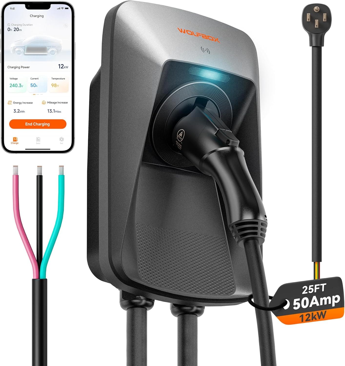 WOLFBOX 50amp Level 2 EV Charger,Hardwired with J1772 Connector,240V(WE50) | CSA Certified,Weatherproof(IP66,NEMA4),25FT Cable,Smart APP&RFID Card