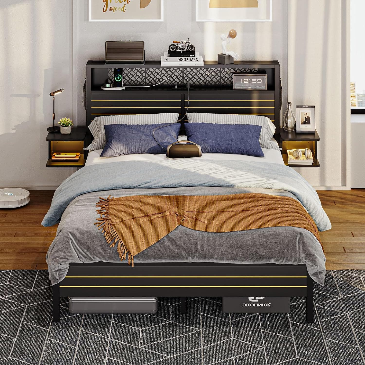 Bestier Queen Bed Frame with Horizontal Golden Stripe Storage Headboard&LED Nightstands, Metal Platform Bed with Charging Station, Heavy Duty Metal