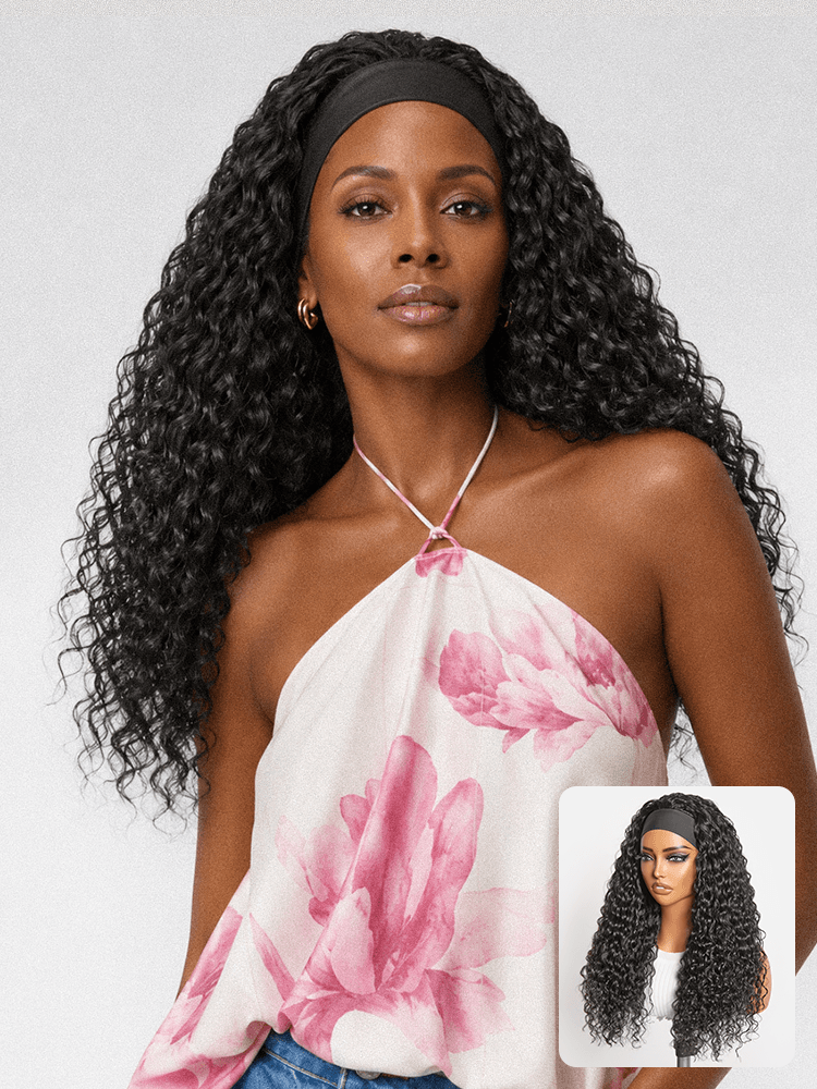 Beginner Friendly Water-Wave Wet and Wavy Headband Wig with Integrated Cooling Silk Headband, Effortless Wet-to-Dry Transformation (Get 2 Free Headban