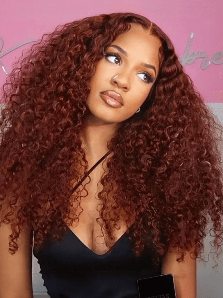 [From 20"] Pre-Cut 4x4 Lace Wig Reddish Brown Curly Wig 150% Density Glueless Wig