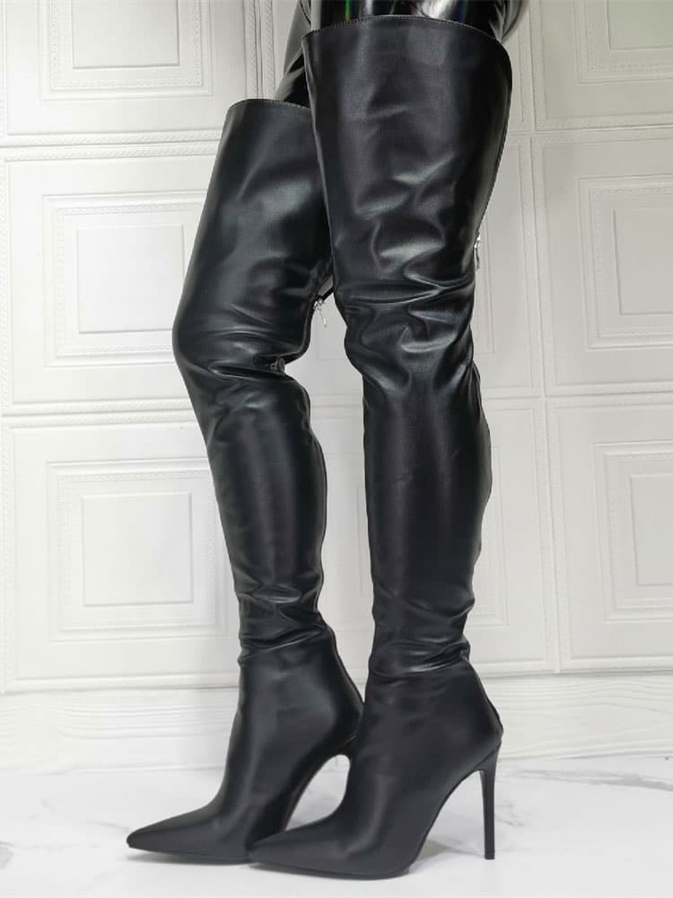 Milanoo Cuissardes à Talons Hauts Femme avec Bout Pointu à Zip en Cuir Synthétique Unicolore