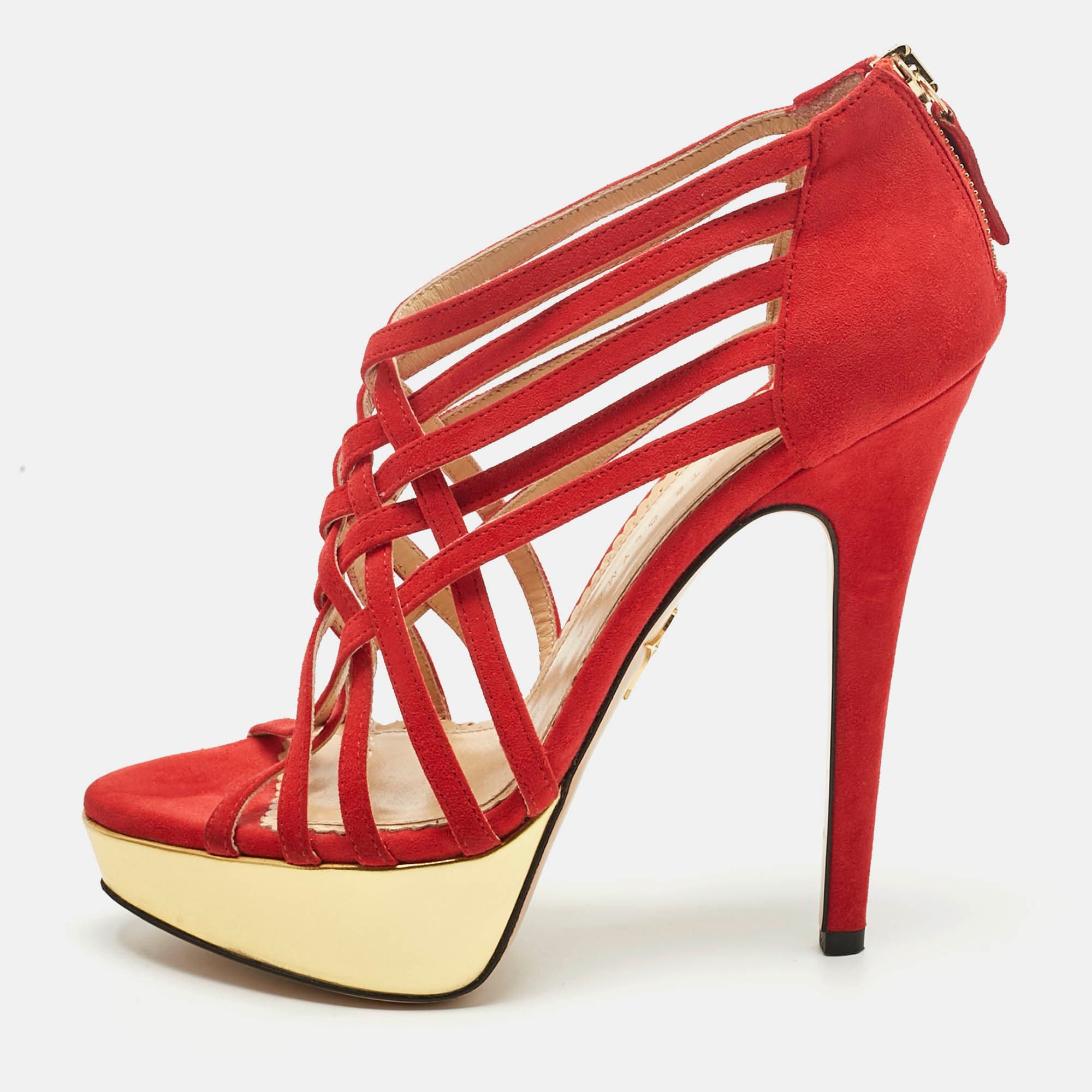 Charlotte Olympia Size 36.5 Red Leather and Suede Platform Sandals
