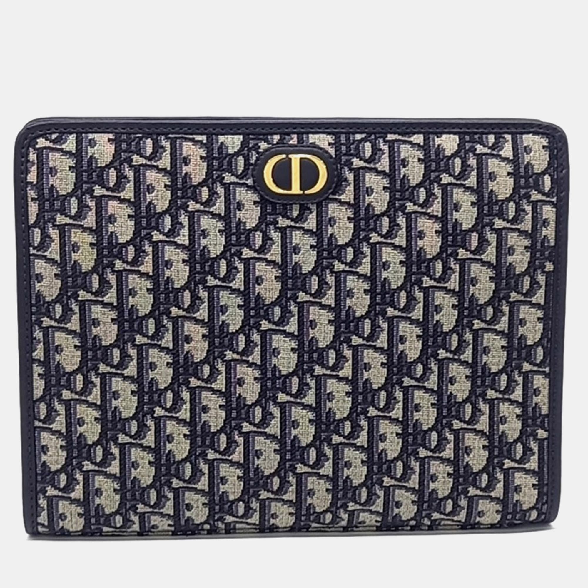 Dior Beige Navy Blue Canvas Oblique 30 Montaigne Pouch