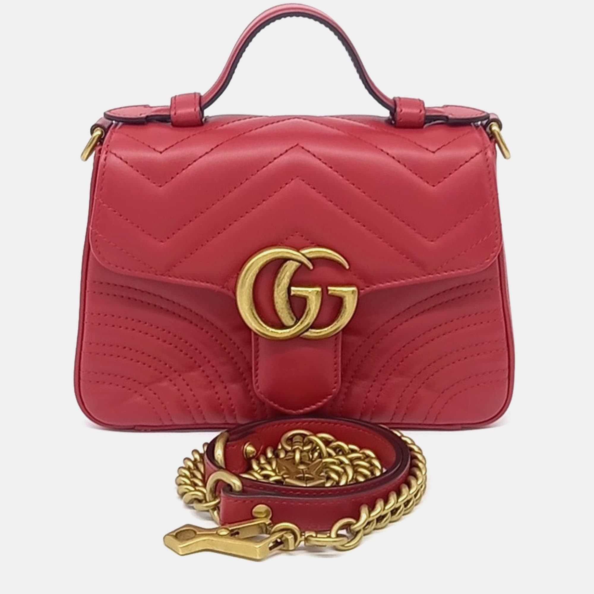 Gucci Red Leather Marmont Mini Top Handle Shoulder Bag