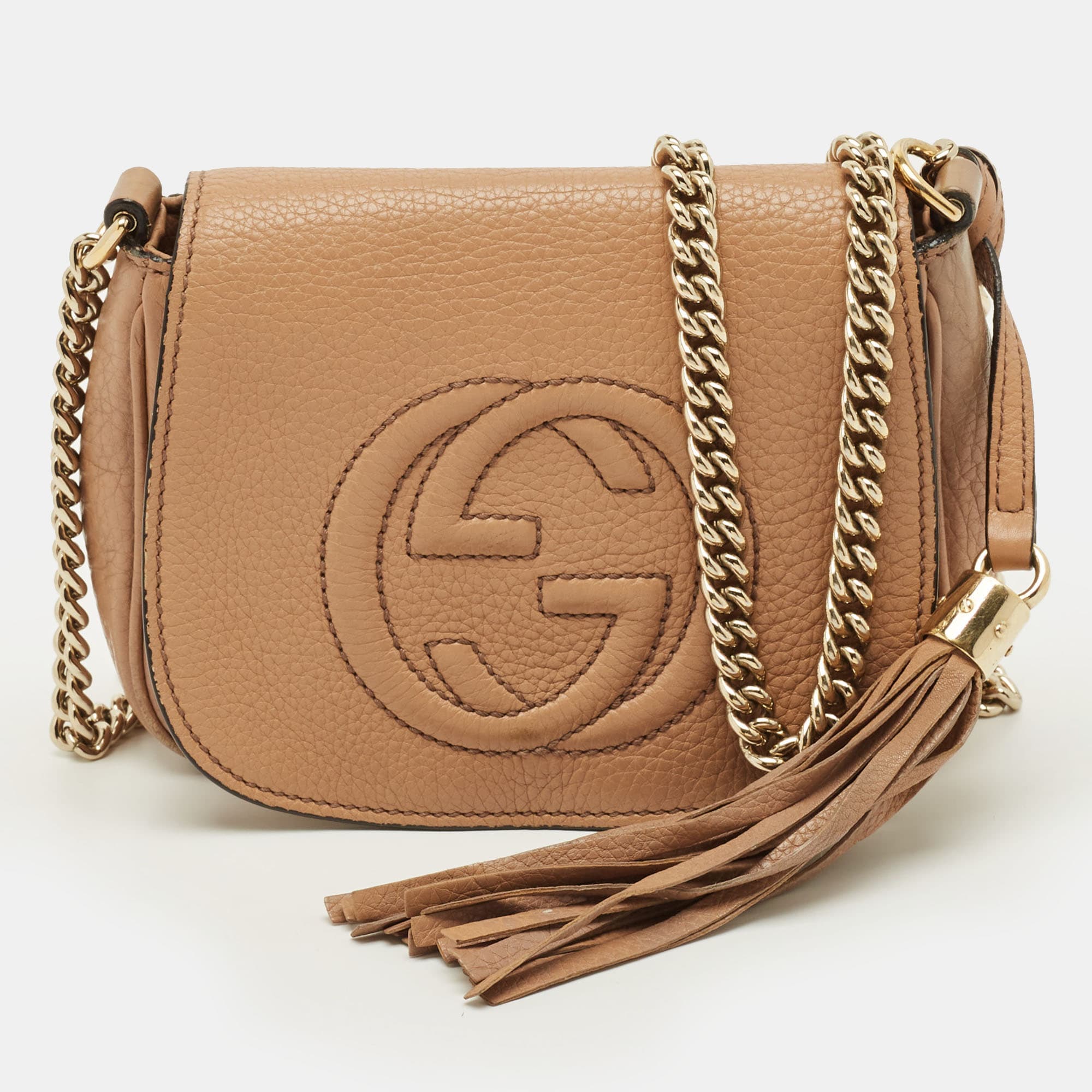 Gucci Soho Flap Chain Beige Leather Crossbody Bag