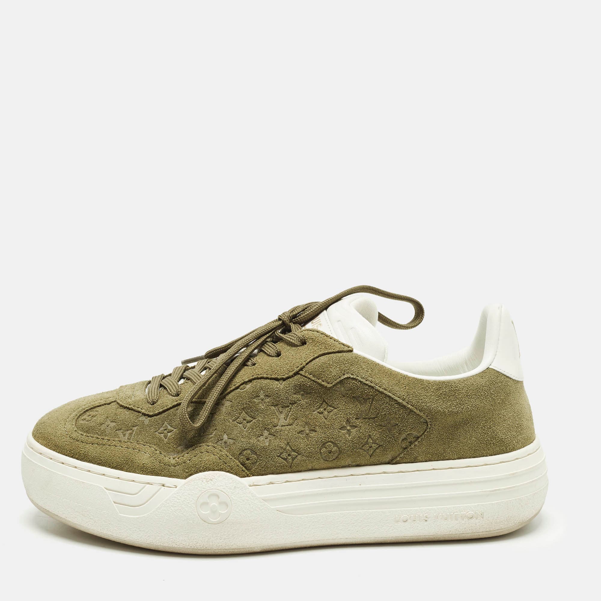 Louis Vuitton Groovy Size 39 Green Monogram Suede Low Top Platform Sneakers