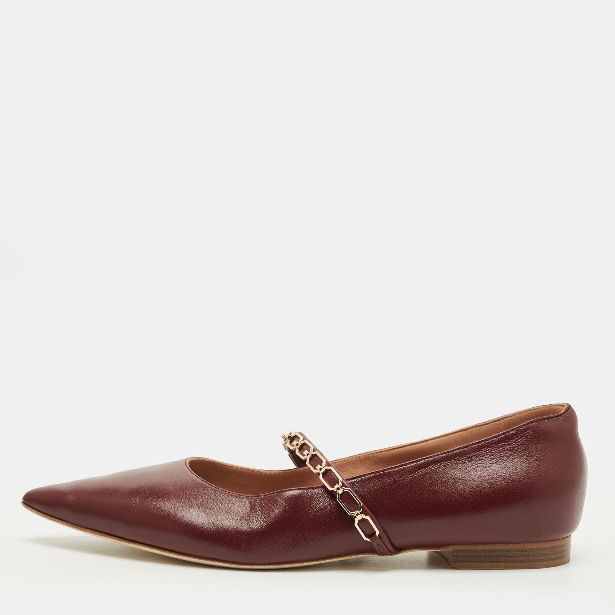 Malone Souliers Virna Size 38.5 Burgundy Leather Chain Detail Mary Jane Ballet Flats